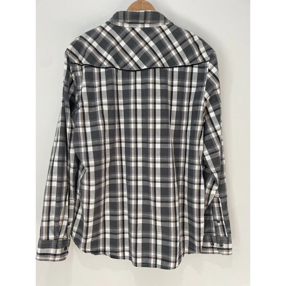 Levis Men L Western Pearl Snap Button up  Shirt Plaid Cotton Piping‎ CowBoy Gray